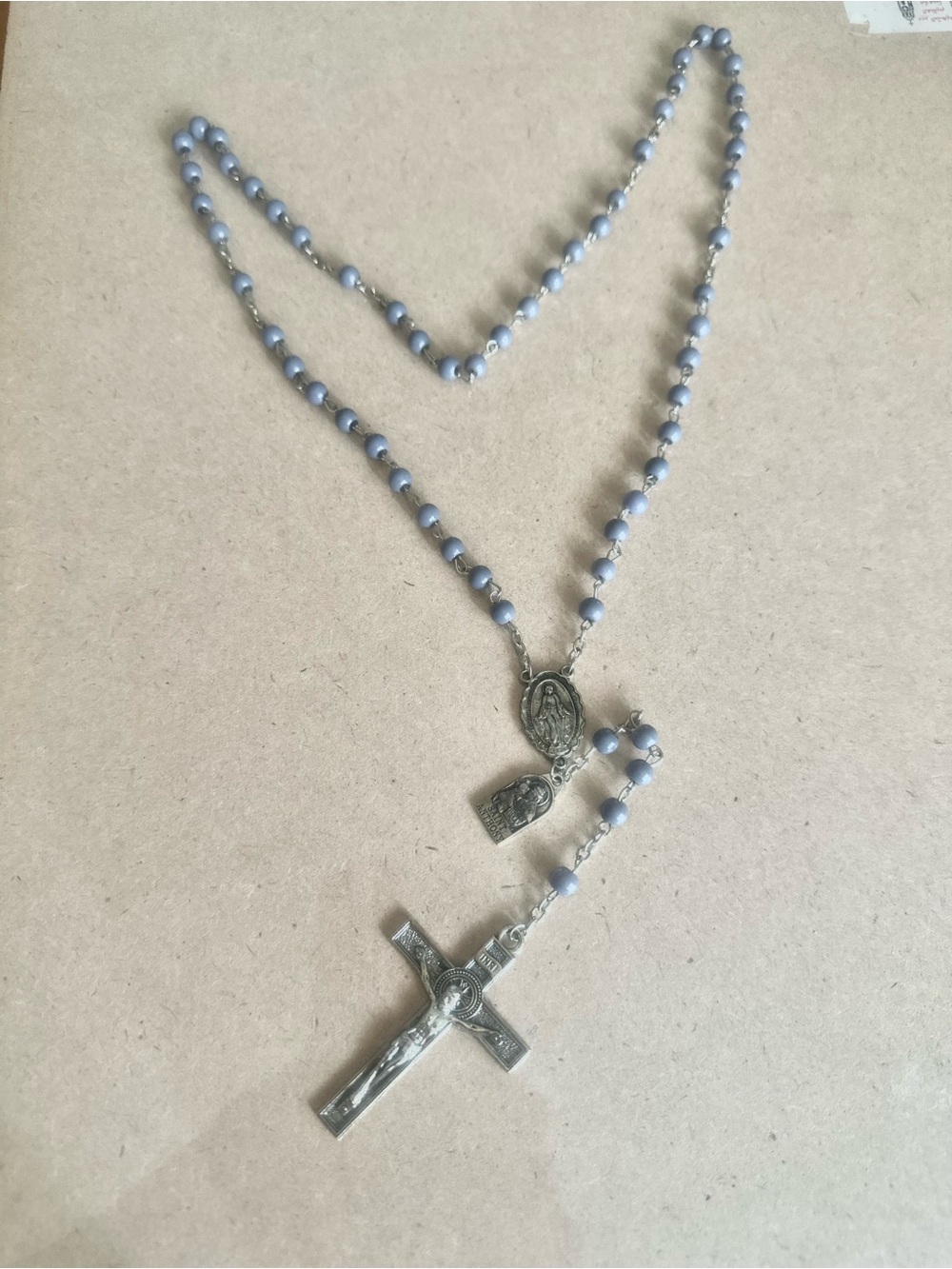 Light Gray Beaded Rosary Necklace with Silver Crucifix